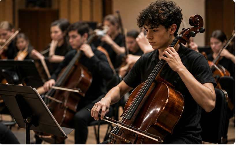 Joven chelista en ensayo orquestal de una escuela pública de música